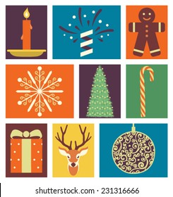 Vector illustration icon set of Christmas: candle, fireworks, cookies, snow, tree, candy, gift, deer, decoration