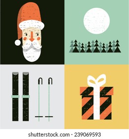 Vector illustration icon set of Christmas: Santa Claus, forest, skiing, gift