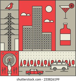 Vector illustration icon set of city: buildings, party, electricity, road, cocktail