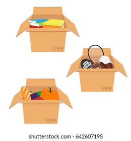 Vector illustration icon set, collection isometric perspective 3d cardboard box with food, sport equipment and books. 