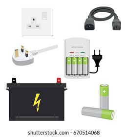 Vector illustration icon set, collection car battery, uk socket and plug, battery charger, batteries and cord.