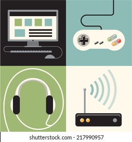 Vector illustration icon set of computer, joystick, headphones, internet