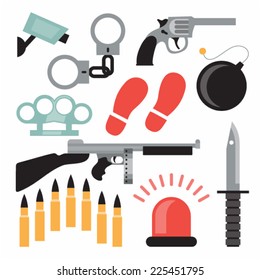 Vector illustration icon set of crime: handcuffs, camera, pistol, brass knuckles, bomb, automatic, knife, bullet, siren