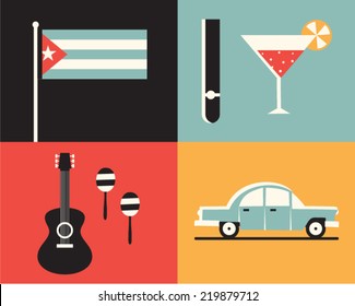 Vector illustration icon set of Cuba: flag, cigars, cocktails, guitar, maracas, retro car