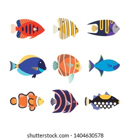 Vector illustration icon set of of cute cartoon colorful different aquarium fish. Underwater life. Sea world. Flat icons.