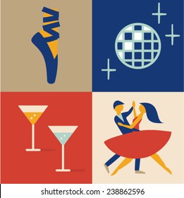 Vector illustration icon set of dance: ballet, disco ball, cocktail, couple