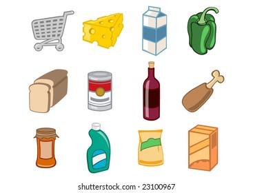 Vector illustration of  icon set or design elements relating to supermarket. Food, drink and other items.