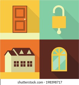 Vector illustration icon set of door, lock, house and window