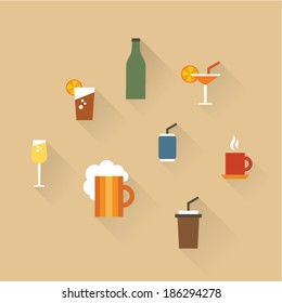 Vector illustration icon set of drinks: tea, lemonade, coffee, champagne, beer, cocktail