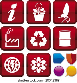 Vector illustration of icon set: ecology, and buttons. Only global colors. CMYK. Easy color changes.