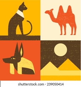 Vector illustration icon set of Egypt: cat, camel, Anubis, desert