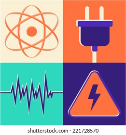 Vector illustration icon set of energy: molecule, socket, wave, danger