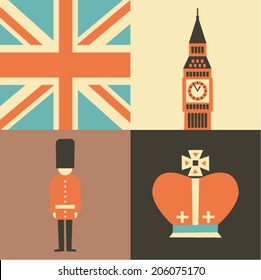 Vector illustration icon set of England, London, Flag, Big Ben, Guard, Crown