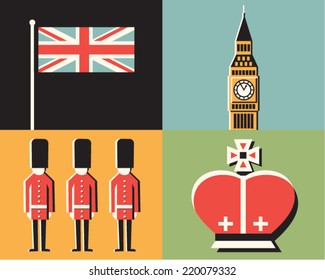 Vector illustration icon set of England, London, Flag, Big Ben, Guard, Crown