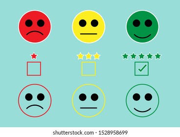 Vector illustration icon set of facial expressions and stars for customer opinion and satisfaction evaluation