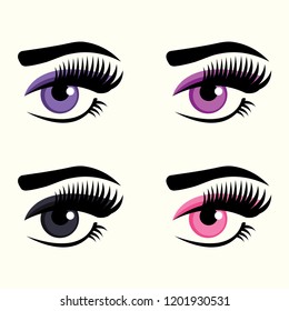 Vector illustration icon set of female bright eyes with eyelash extension and beautiful trendy shaped eyebrows. Woman luminous eyes in four colors