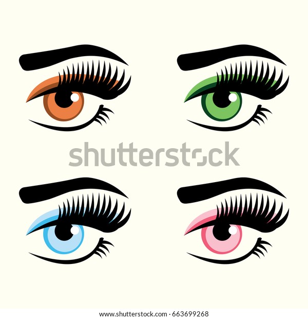 Vector\
illustration icon set of female bright eyes with eyelash extension\
and beautiful trendy shaped eyebrows. Woman luminous eyes in four\
colors: hazel, green, blue and extraordinary\
pink