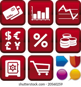 Vector illustration of icon set: finance and buttons. Only global colors. CMYK. Easy color changes.