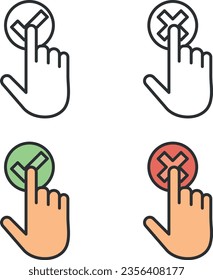 Vector illustration of icon set of fingers touching accept and deny buttons. Selection of yes and no.