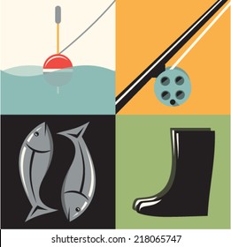 Vector illustration icon set of Fishing: float, fishing rod, fish, boots
