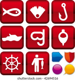 Vector illustration of icon set: fishing, and buttons. Only global colors. CMYK. Easy color changes.