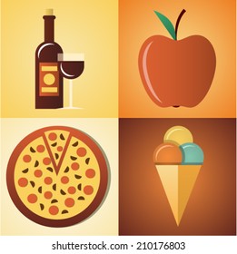 Vector illustration icon set of food: wine, apple, pizza, ice cream