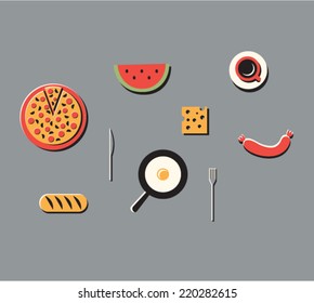 Vector illustration icon set of food: scrambled eggs, sausages, cheese, pizza, watermelon, bread and coffee