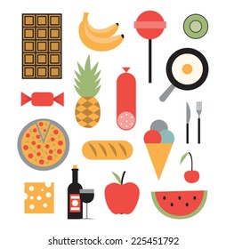 Vector illustration icon set of food: chocolate, banana, candy, kiwi, pineapple, sausage, eggs, pizza, bread, ice cream, fork, knife, cheese, wine, apple, watermelon
