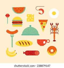 Vector illustration icon set of food: candy, watermelon, cheese, shrimp, egg, hamburger, pizza, cancer, sausage, bread, tea, banana, cake