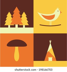 Vector illustration icon set of forest, bird, mushroom, house