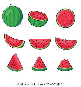 Vector illustration icon set of Fresh and juicy whole watermelons and slices on white background