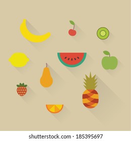 Vector illustration icon set of fruits: banana, cherry, kiwi, lemon, watermelon, apple, pear, strawberry, orange and pineapple