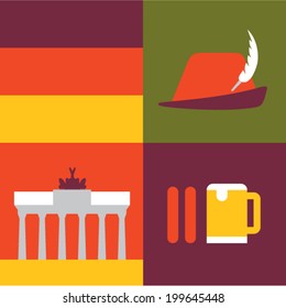 Vector illustration icon set of Germany: flag, hat, monument, sausage, beer