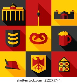 Vector illustration icon set of Germany: Brandenburg Gate, Berlin TV Tower, Bundestag, sausage, pretzel, beer, hat, emblem, timber framing house