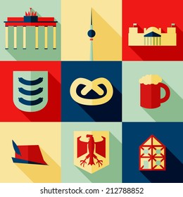 Vector illustration icon set of Germany: Brandenburg Gate, Berlin TV Tower, Bundestag, sausage, pretzel, beer, hat, emblem, timber framing house