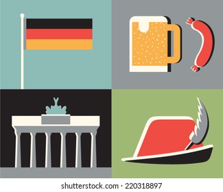 Vector illustration icon set of Germany: flag, sausage, beer, monument, hat