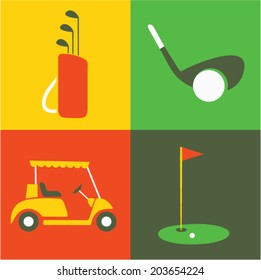 Vector illustration icon set of golf, club, ball, car, field