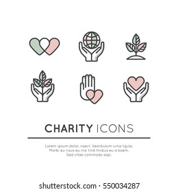 Vector Illustration Icon Set Of Graphic Elements For Nonprofit Organizations And Donation Centre. Fundraising Symbols. Crowdfunding Project Label. Charity Logo