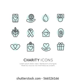 Vector Illustration Icon Set Of Graphic Elements For Nonprofit Organizations And Donation Centre. Fundraising Symbols. Crowdfunding Project Label. Charity Logo