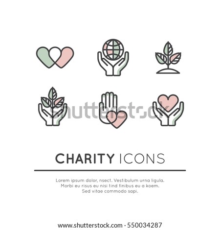 Vector Illustration Icon Set of Graphic Elements for Nonprofit Organizations and Donation Centre. Fundraising Symbols. Crowdfunding Project Label. Charity Logo