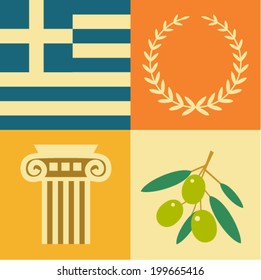 Vector illustration icon set of Greece: flag, wreath, architecture, olives