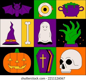 Vector illustration icon set of Halloween. Bat, eye, potion, hat, bone, ghost, zombie hand, pumpkin, coffin, skull.