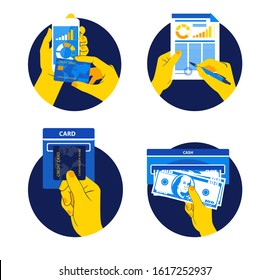 Vector Illustration of Icon set with Hands holding credit card, smartphone, money and other commercial objects. Flat design style. Blue and yellow colors