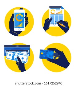 Vector Illustration of Icon set with Hands holding credit card, smartphone, money and other commercial objects. Flat design style. Blue and yellow colors