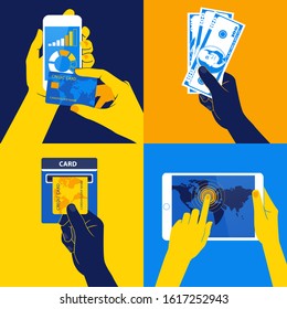 Vector Illustration of Icon set with Hands holding credit card, smartphone, money and other commercial objects. Flat design style. Blue and yellow colors