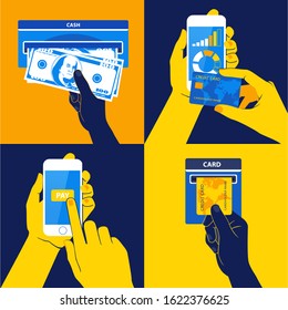 Vector Illustration of Icon set with Hands holding credit card, smartphone, money and other commercial objects. Flat design style. Blue and yellow colors