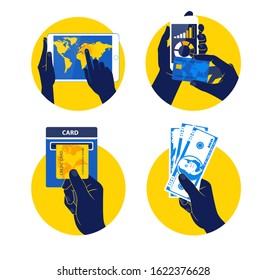 Vector Illustration of Icon set with Hands holding credit card, smartphone, money and other commercial objects. Flat design style. Blue and yellow colors