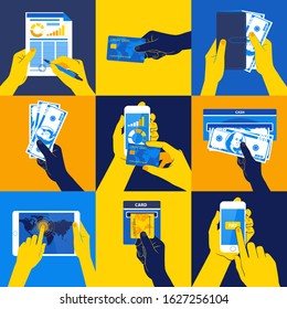 Vector Illustration of Icon set with Hands holding credit card, smartphone, money and other commercial objects. Flat design style. Blue and yellow colors