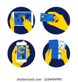 Vector Illustration of Icon set with Hands holding credit card, smartphone, money and other commercial objects. Flat design style. Blue and yellow colors