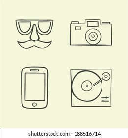 Vector illustration icon set of hipster: face, camera, phone, turntable